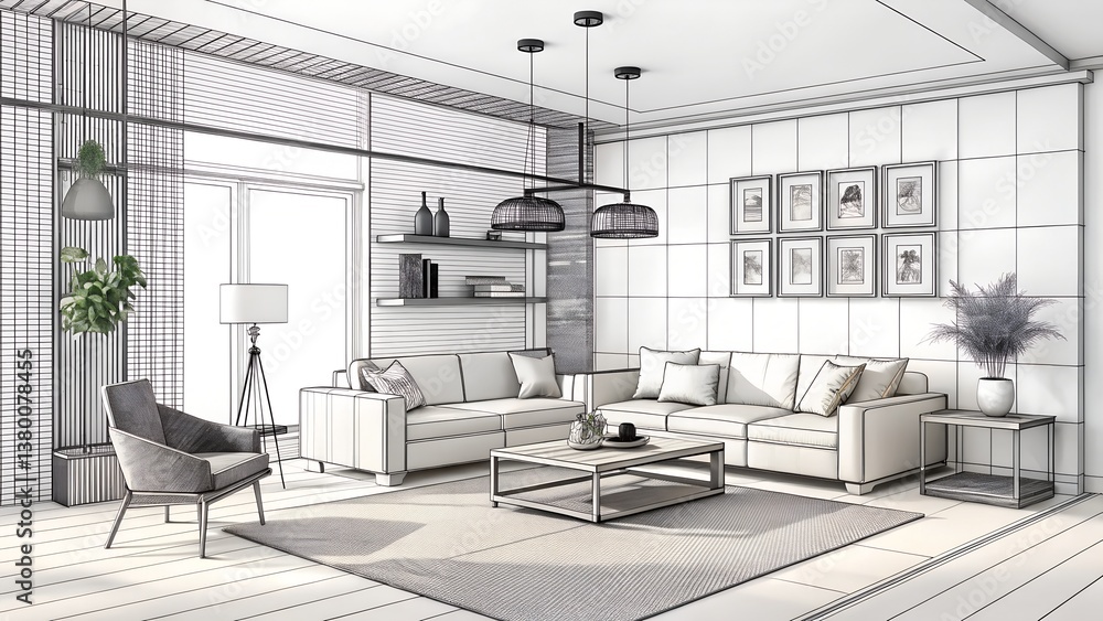 Image showcasing Modern Minimalist Living Room 3D Sketch Interior Design with Sofa ...