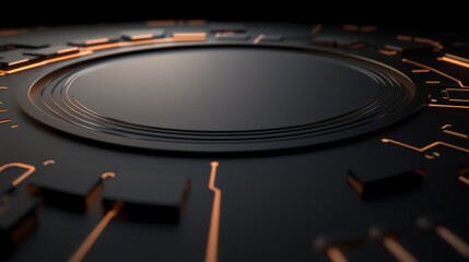 Leinwandbilder - Top-down view of a glossy 3D paper circle adorned with intricate circuit board designs, representing the essence of futuristic technology and digital connections