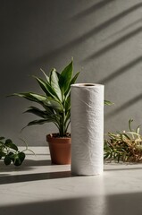 Wall Mural - white paper roll stands next to green plants in a sunlit indoor space with soft shadows creating a s