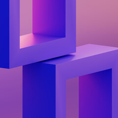 Abstract geometric tech background with square frames in neon light 3d render. Futuristic architecture construction design. Purple framework block shapes with blue pink gradient. 3D illustration