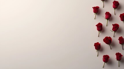 Poster - Fresh red roses are symmetrically arranged on a white surface, showcasing beauty and elegance while leaving space for text or branding on the left side