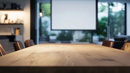 Leinwandbilder - Polished wooden table surrounded by leather chairs defines the center of a modern conference room, offering a blank projector screen for presentations