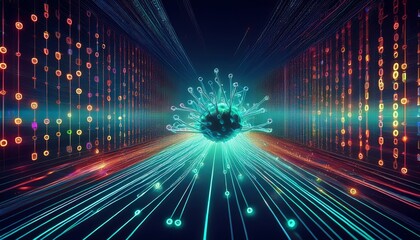 Fiber optics carrying computer virus attacking binary code