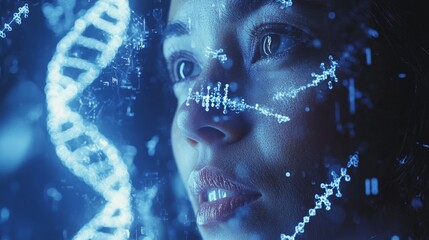 Wall Mural - in a high-tech lab, a focused scientist examines intricate dna patterns glowing in blue. surrounded 