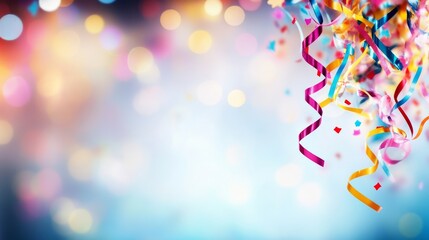 Poster - Colorful confetti in red, blue, yellow, and green cascades down with a soft blur behind, evoking a lively and joyful celebration perfect for festivities