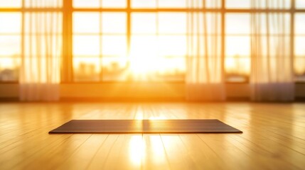Poster - Sunlight streams through large glass windows of a minimalist yoga studio with a centered black mat on polished wooden floors for peaceful practice
