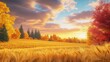 © li - Golden autumn wheat fields and colorful trees under the gorgeous sunset complement each other, showing a harvest scene
