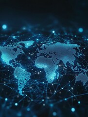 futuristic digital world map showcasing glowing connections and dots across a dark background in a m