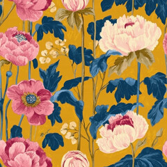 Wall Mural - Floral seamless pattern with vibrant peonies and leaves on mustard yellow background, Textile Seamless Pattern Background