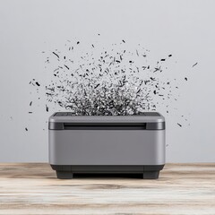 Wall Mural - gray printer on wooden surface with black particles exploding from it