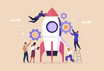 Fototapete - Business Startup Concept. Vector cartoon illustration of a group of diverse people in business suits assembling a rocket for launch. Isolated on background.
