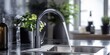 © Lotus Frames - a modern kitchen faucet with flowing water and sleek design. A touch of modern elegance in kitchen interior and showing details