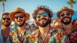 © liliyabatyrova - A lively gathering of four fashionable men showcasing their bold personalities through bright, tropical shirts and stylish hats, celebrating life at a beach festival during sunset