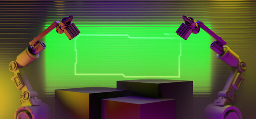 Wall Mural - technology scifi robot industrial arm with frame border led banner sign for cyberpunk gaming product