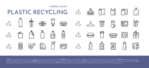 plastic recycling icon set in line style structured by plastic type. editable stroke. collection of 