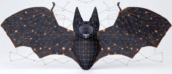 A detailed 3D rendering of a bat showcasing its intricate wireframe structure, set against a minimalist background with abstract lines, ideal for technology and design applications