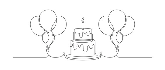 Wall Mural - Continuous one line drawing of birthday cake and air balloons isolated on white background