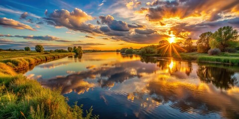 Wall Mural - Golden hour paints the river in breathtaking sunset hues, a scenic masterpiece.
