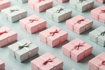 Wall Mural - Subtle pastel colored gift boxes with tiny bows, seamless repeat, soft, bow
