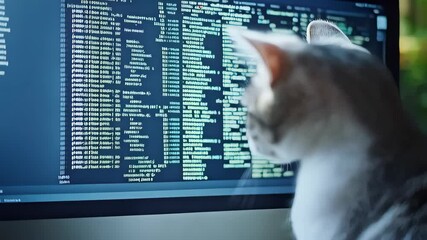 curious cat observes coding on computer screen in bright home office environment