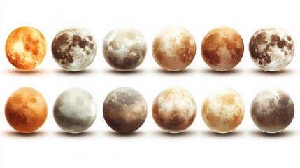 Wall Mural - Row of moon-like orbs, assorted colors, varying textures on a white background, close-up