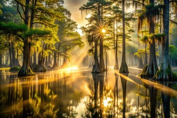 Wall Mural - Sun-dappled cypress knees, misty swamp, 1920s sepia tone; mystical afternoon.