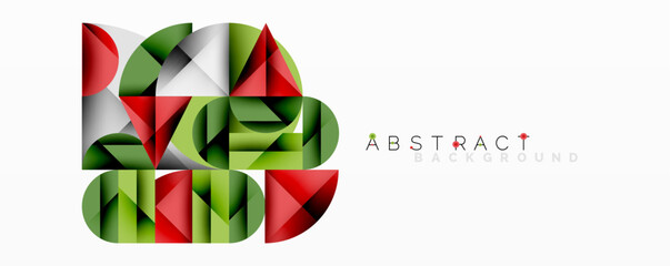 Leinwandbilder - Geometric shapes, green, red, gray. Modern design, abstract composition. Vibrant colors, dynamic arrangement. Minimalist style, clean lines.