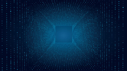 Wall Mural - technology wireframe square tunnel on blue background. futuristic 3d wormhole grid. big data visuali