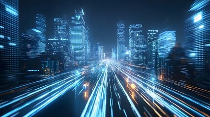Poster - A dynamic and futuristic urban landscape featuring towering skyscrapers glowing data streams in place of traditional roads and a sense of technological advancement and connectivity