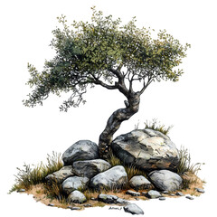lonely tree on rocks nature image isolated on transparent background