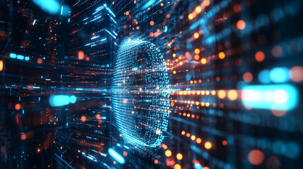 Digital padlock formed by binary code amidst glowing lines and bokeh lights in a dark background