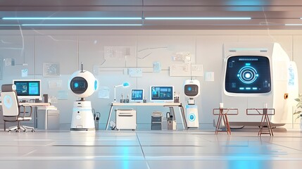 Aufkleber - A futuristic office setting with advanced digital technologies intelligent systems and AI powered assistants to enhance productivity and