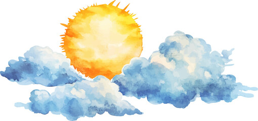 Wall Mural - watercolor illustration of sun and clouds, white background