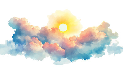 Wall Mural - watercolor illustration of sun and clouds, white background
