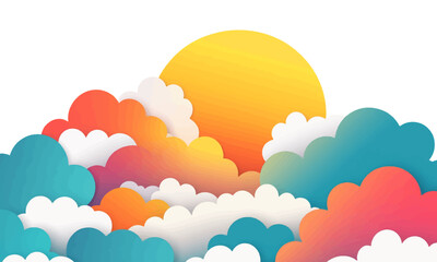 Wall Mural - watercolor illustration of sun and clouds, white background