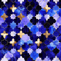 Wall Mural - Textile Seamless Pattern Background Moroccan tile seamless pattern with star shaped motifs in blue and gold tones