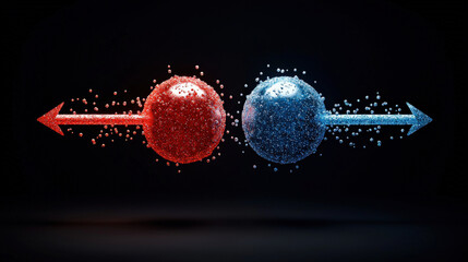 Fototapete - dynamic illustration of elemental hydrogen and oxygen atoms, depicted as red and blue spheres with arrows, symbolizing interaction and energy transfer