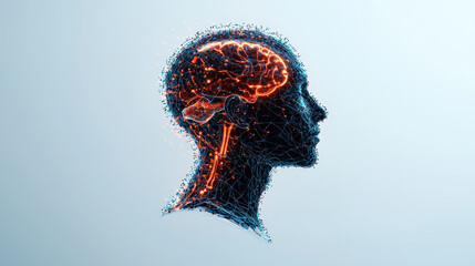 Fototapete - digital illustration of human head profile with glowing brain network, symbolizing artificial intelligence and neural connections. image conveys innovation and technology