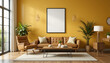 © Hanuman - A bright and inviting living room with a mustard yellow feature wall, highlighting a framed poster mockup in a pure white frame with a clean black border. The room is styled with retro-modern .