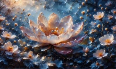 Poster - Luminous floral artwork features a large central bloom surrounded by smaller blossoms in a soft, dreamy style. Gentle lighting and colors create a serene and enchanting atmosphere.