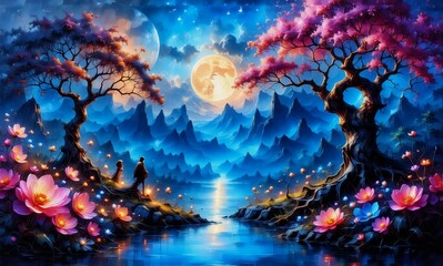 Poster - Enchanting night scene with vibrant pink blossoms framing a serene waterway under a luminous moon and starry sky, shadowed mountains in the distance, two figures gaze at the vista.