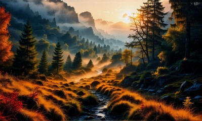 Leinwandbilder - A serene landscape unfolds with a gentle river winding through a valley, surrounded by mountains and lush forests under a soft sunrise glow and mist.