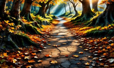 Leinwandbilder - Sunlight filters through trees in an autumn forest. Golden leaves cover ground. Vibrant fall foliage creates serene, inviting natural scene.