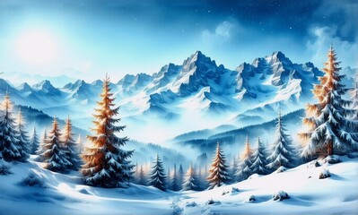 Aufkleber - A serene winter landscape with snow-covered mountains and coniferous trees under a bright, sunny sky. The scene is peaceful and majestic.