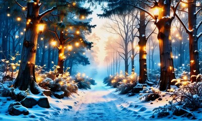Poster - Enchanting snowy path winds through a dark forest, warmly illuminated by soft glowing lights adorning the trees.  Winter wonderland scenery.