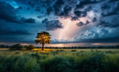 Poster - Dramatic stormy landscape. Lightning illuminates a lone tree in a field under ominous dark clouds at dusk.