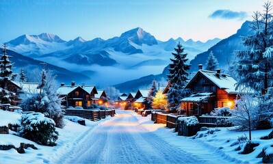 Poster - Snowy village nestled in majestic mountains under a twilight sky. Illuminated houses create a warm glow in the serene winter landscape.