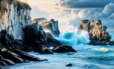 Poster - Ocean waves powerfully crash against dark, rocky cliffs under a bright, cloudy sky. Sunlight illuminates the scene, creating a dramatic coastal landscape.