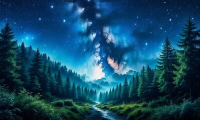 Poster - A serene night scene unfolds with a dark forest under a starlit sky. A path leads through trees towards distant mountains beneath the celestial glow.