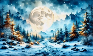 Poster - A serene winter landscape is bathed in moonlight from a large full moon, illuminating snowy trees, a path, and distant mountains in a peaceful, magical scene.